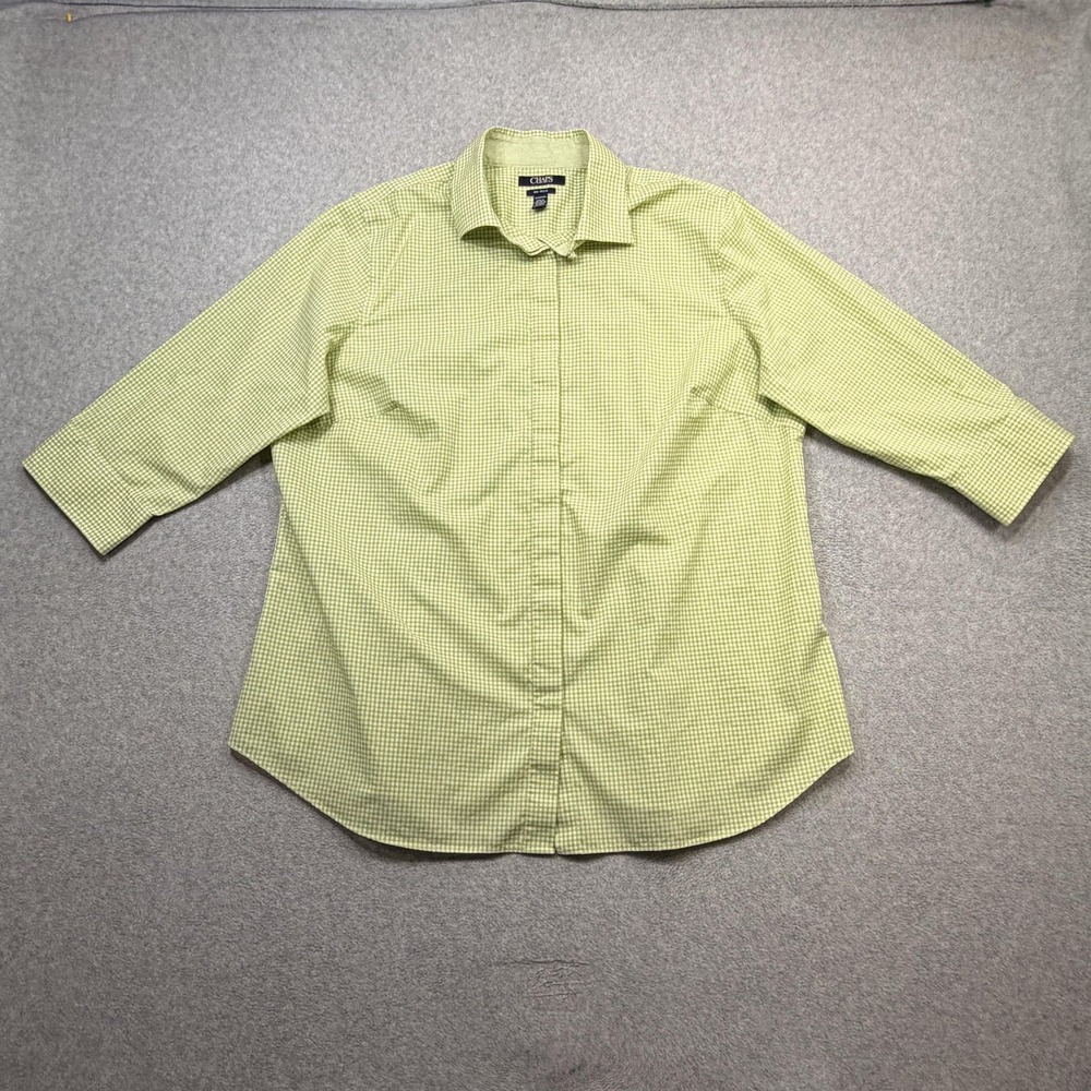 Chaps Shirt Womens 1X Plus Green Gingham Check 3/4 Sleeve No Iron Button Front